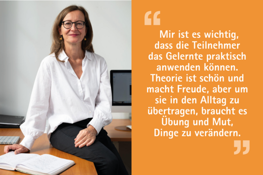 A woman with glasses sits confidently at a desk, smiling. The background features a computer. To the right, a quote emphasizes the importance of applying learned concepts to everyday life, highlighting that practice and courage are needed for change.