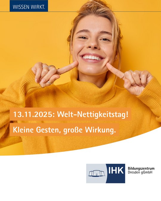 A smiling young woman wearing a yellow sweater points to her cheeks, highlighting kindness. The text promotes World Kindness Day on November 13, 2025, emphasizing "Small gestures, big impact." The IHK logo is visible in the corner.