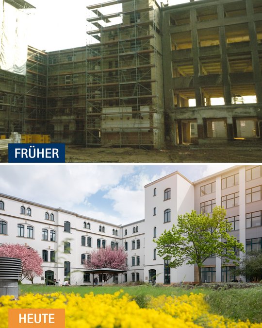 Das Bild zeigt einen Vergleich zwischen einem ehemaligen Bauzustand und dem heutigen Zustand eines Gebäudes. Oben ist eine Baustelle mit Gerüsten und unvollendeten Strukturen zu sehen. Unten ist das fertiggestellte Gebäude umgeben von blühenden Bäumen und bunten Blumen.