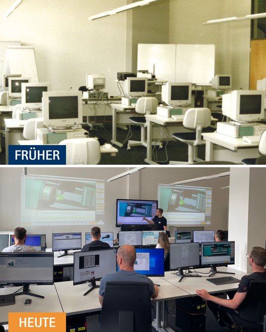 Das Bild zeigt einen Vergleich zwischen zwei Klassenzimmern. Oben, die alte Einrichtung mit veralteten Computern und wenig Licht. Unten, die moderne Lernumgebung mit mehreren aktuellen Computern, einem großen Bildschirm und Studierenden, die einem Vortrag folgen. Beschriftungen „FRÜHER“ und „HEUTE“ verdeutlichen den Fortschritt.