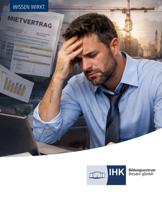 A stressed man in a blue shirt and tie rests his forehead on his hand, looking overwhelmed. In the background, construction images and documents, including a rental contract, hint at a challenging work situation. The logo of IHK Dresden is displayed at the bottom.