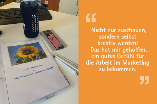 A table with a coffee cup, stationery, and a presentation folder is shown. The folder contains a welcome document featuring a sunflower. On the right side, a quote highlights the importance of active creativity in learning about marketing.