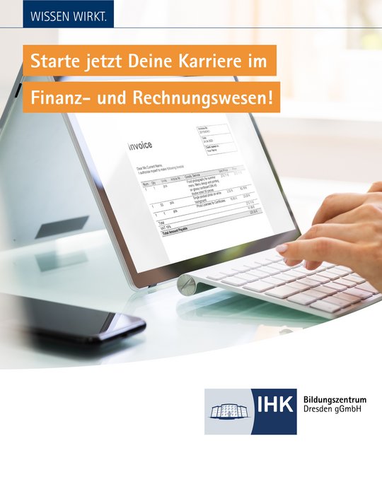 The image features a computer monitor displaying an invoice on the screen. A person’s hand is shown typing on a keyboard. The text encourages viewers to start their careers in finance and accounting, emphasizing the theme of knowledge and professional development.