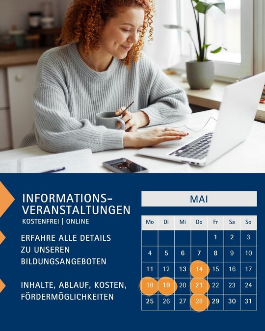 A woman with curly hair sits at a desk, smiling while using a laptop. Beside her, a calendar for May shows important dates highlighted. The text on the image promotes free online informational events about educational opportunities, including details on content, schedule, costs, and funding options.