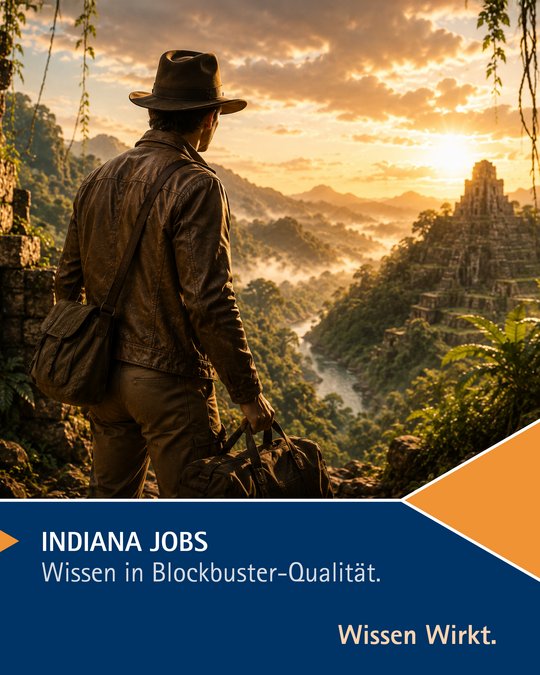 A silhouette of a person wearing a hat and carrying a bag stands on a mountain peak, looking out over a lush landscape of mountains and valleys at sunset. The text at the bottom promotes "Indiana Jobs" and emphasizes knowledge in blockbuster quality.