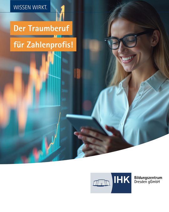 Frau schaut auf ihr Smartphone vor einer digitalen Anzeige mit Entwicklungsgrafiken. Auf dem Bild steht: "Der Traumberuf für Zahlenprofis!"