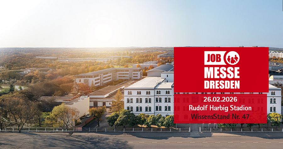 A panoramic view of Dresden featuring various buildings and greenery. The foreground displays a red banner announcing a job fair on February 26, 2026, at Rudolf Harbig Stadium, with a booth number of 47.