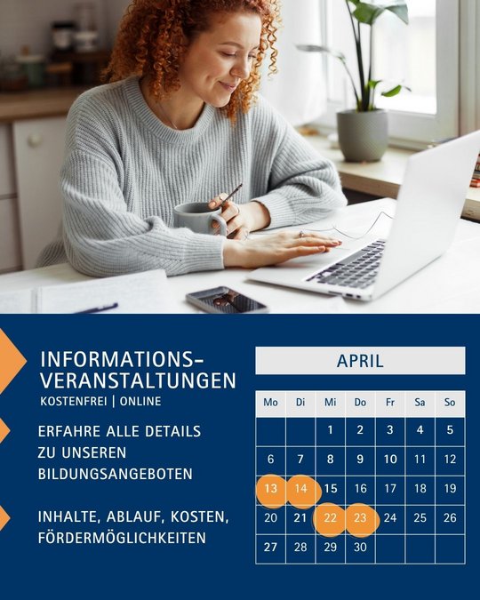 A woman with curly hair, wearing a grey sweater, sits at a table working on a laptop. A calendar for April is displayed, highlighting specific dates for free online informational events related to educational offerings. Text includes details about content, schedule, costs, and funding opportunities.