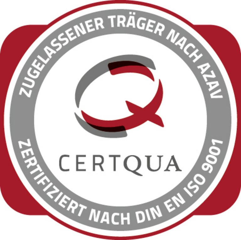 Siegel der CERTQUA GmbH über Zertifizierung nach ISO 9001 und als zugelassener Träger nach AZAV