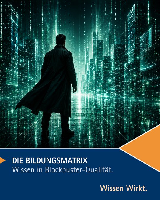 A silhouette of a person in a dark coat stands facing a futuristic cityscape with glowing digital elements and tall buildings. The text at the top reads "DIE BILDUNGSMATRIX" and at the bottom, "Wissen Wirkt." The design suggests a theme of knowledge in a high-tech environment.