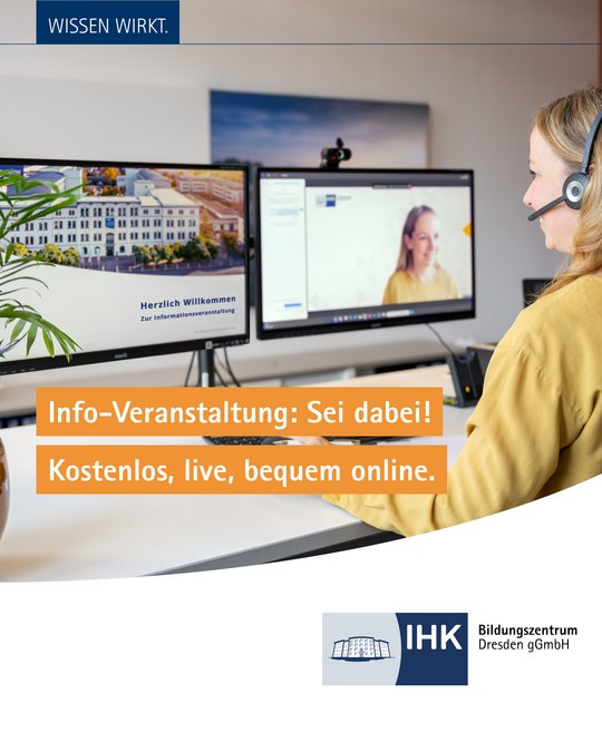 A person wearing a headset sits at a desk with two computer monitors. One screen displays a welcome message with a building image, while the other shows a video call with a smiling woman. Text promotes a free, live online information event.