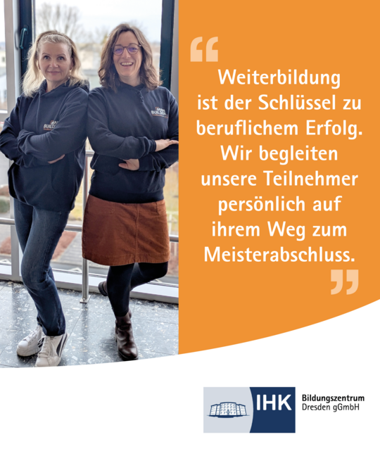 Two women stand in a bright, modern environment, wearing matching hoodies. They smile confidently with arms crossed. The text beside them emphasizes the importance of continuing education for professional success and mentions support for participants on their journey to achieving a professional qualification.