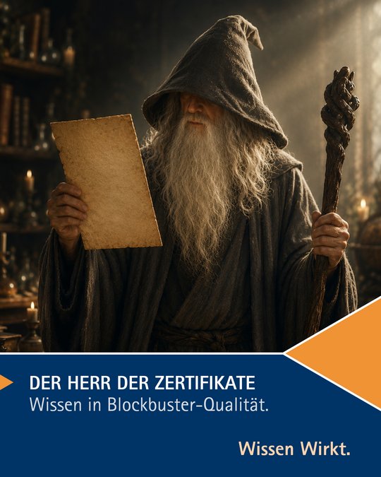 A hooded figure with a long beard holds a parchment in one hand and a staff in the other, set against a dark, mystical background with shelves of books. The text at the bottom reads, "DER HERR DER ZERTIFIKATE. Wissen in Blockbuster-Qualität. Wissen Wirkt.