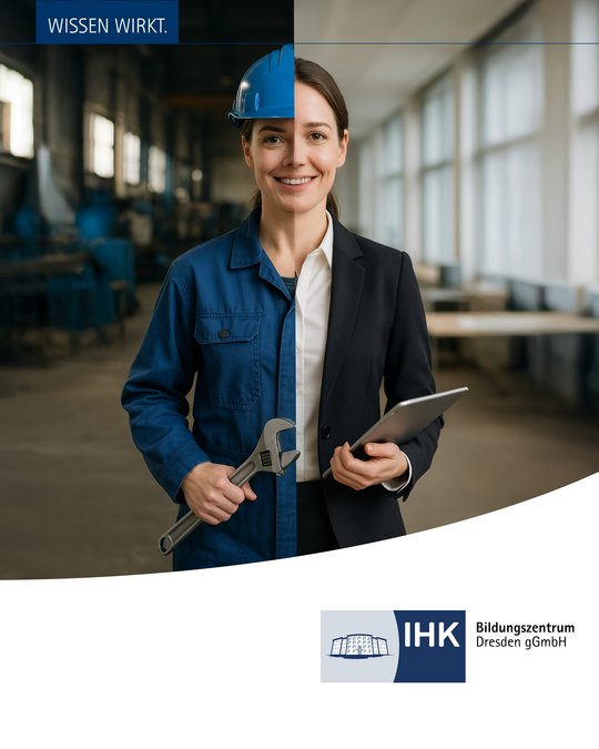 Die Abbildung zeigt eine Frau, die auf der linken Seite in einer blauen Arbeitsjacke mit einem Werkzeug steht und auf der rechten Seite in einem Blazer mit einem Tablet. Der Hintergrund deutet auf eine Werkstatt hin. Oben steht der Text "WISSEN WIRKT."