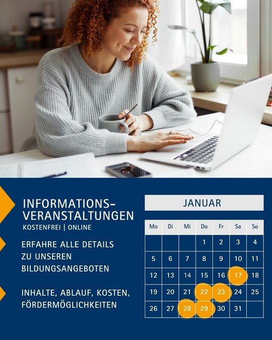 A smiling woman with curly hair sits at a desk, holding a cup of coffee while working on a laptop. A calendar with highlighted dates and text promoting free online informational events about educational offerings is visible beside her.