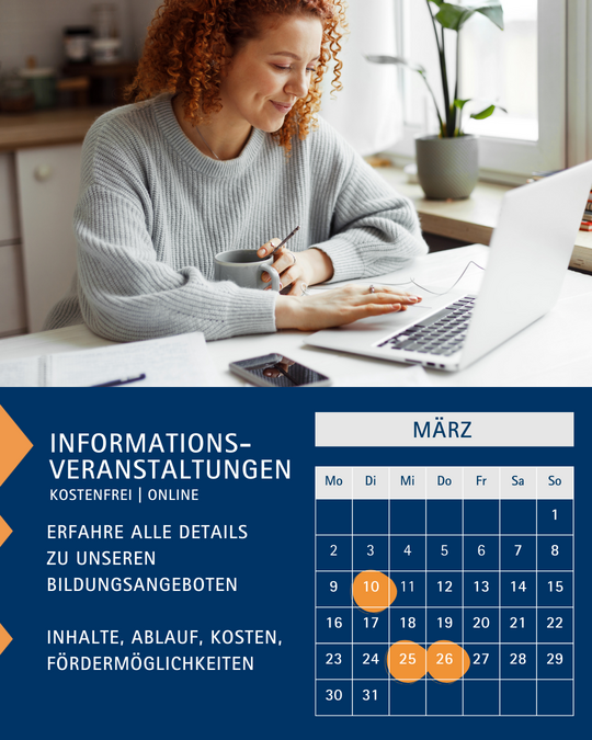 A woman with curly hair sits at a desk working on a laptop. Beside her is a calendar displaying the month of March, with specific dates highlighted. The text indicates upcoming free online information events about educational offerings.