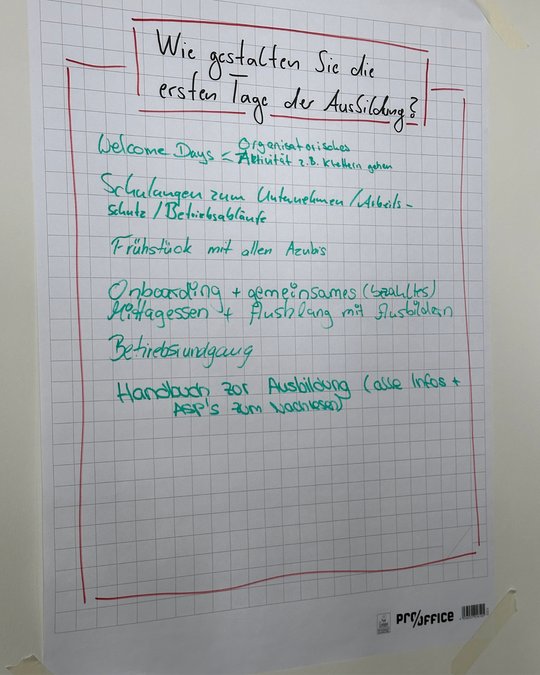 Auf einem karierten Blatt steht: „Wie gestalten Sie die ersten Tage der Ausbildung?“ Darunter sind Punkte aufgelistet, wie „Welcome Days“, „Schulungen zum Unternehmen“, „Frühstück mit allen Azubis“, „Onboarding“ und „Handbuch zur Ausbildung“.