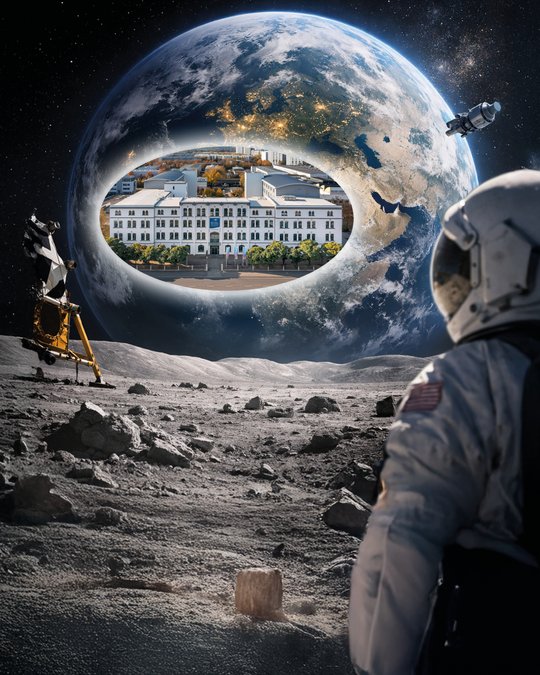 An astronaut stands on the lunar surface, gazing at Earth in the background. The planet features a clear view of a building set within it. In the foreground, a lunar lander and rocky terrain are visible, emphasizing the contrast between space and the Earthly structure.