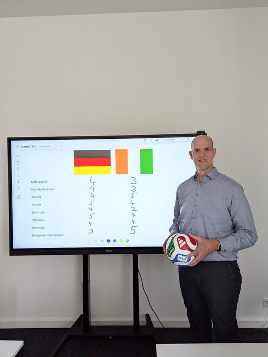 A man stands beside a digital screen displaying flags of Germany, Ireland, and a list of numbers. He is holding a soccer ball and wearing a light blue shirt. The background is a bright, minimalist room.
