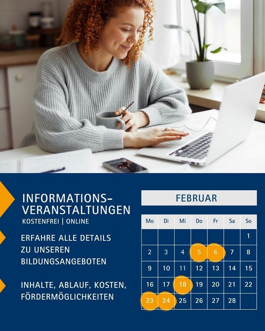 A woman with curly hair sits at a desk, working on a laptop. A calendar for February is displayed, highlighting specific dates. The text mentions free online information events about educational programs, detailing contents, processes, costs, and funding opportunities.